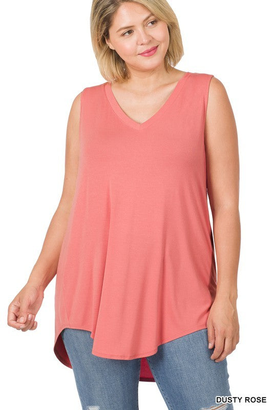 PLUS LUXE RAYON SLEEVELESS V-NECK HI-LOW HEM TOP