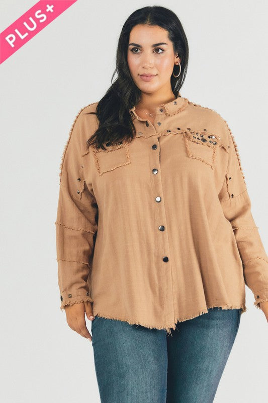 Margot Distressed hem button down oversize shirt Plus