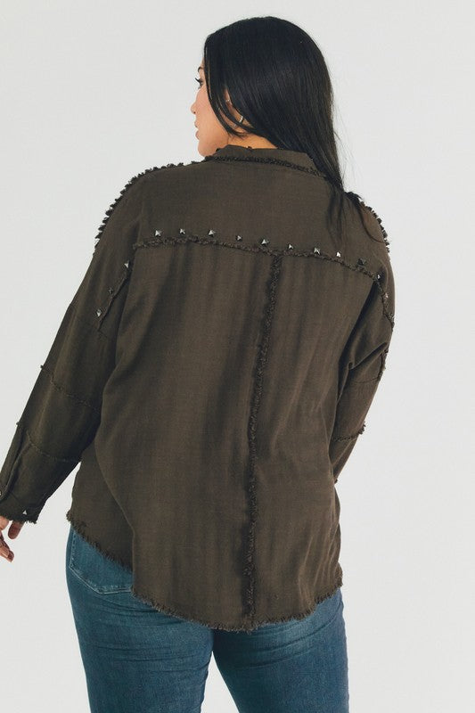 Margot Distressed hem button down oversize shirt Plus