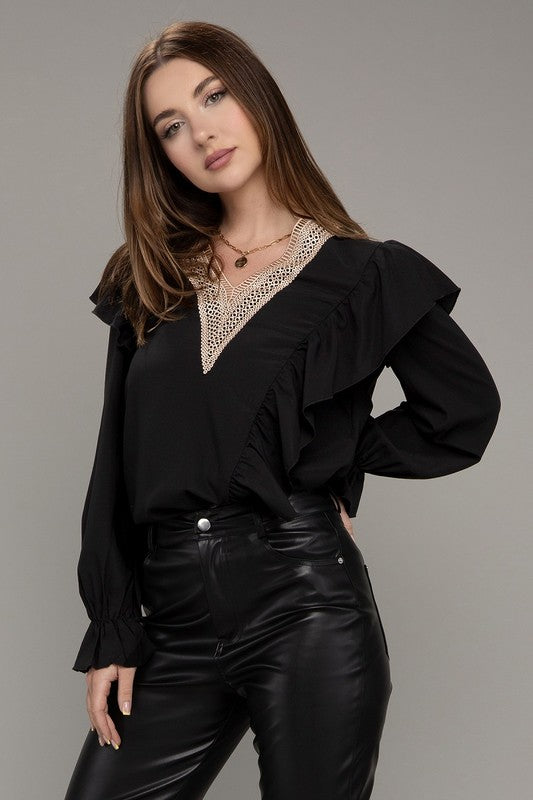 Celeste V neck lace trim long sleeve blouse