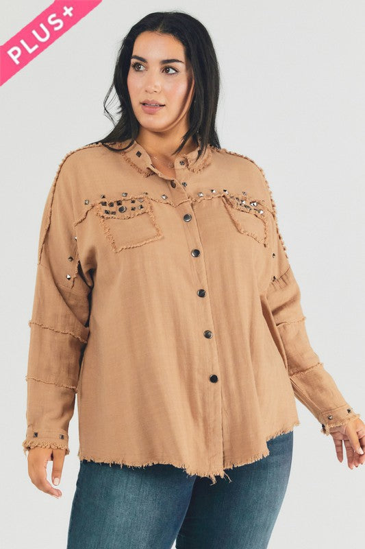 Margot Distressed hem button down oversize shirt Plus