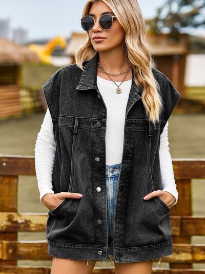 Blaire Button Up Collared Neck Sleeveless Denim Jacket