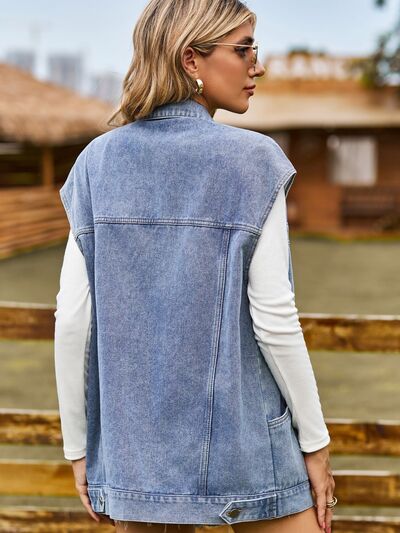 Blaire Button Up Collared Neck Sleeveless Denim Jacket