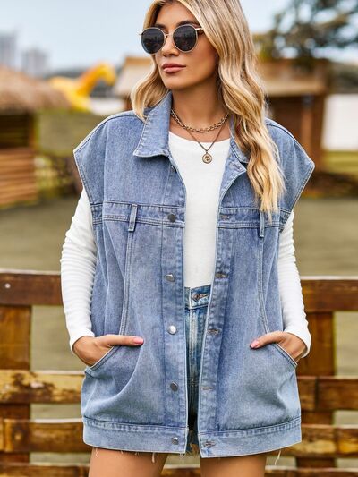 Blaire Button Up Collared Neck Sleeveless Denim Jacket