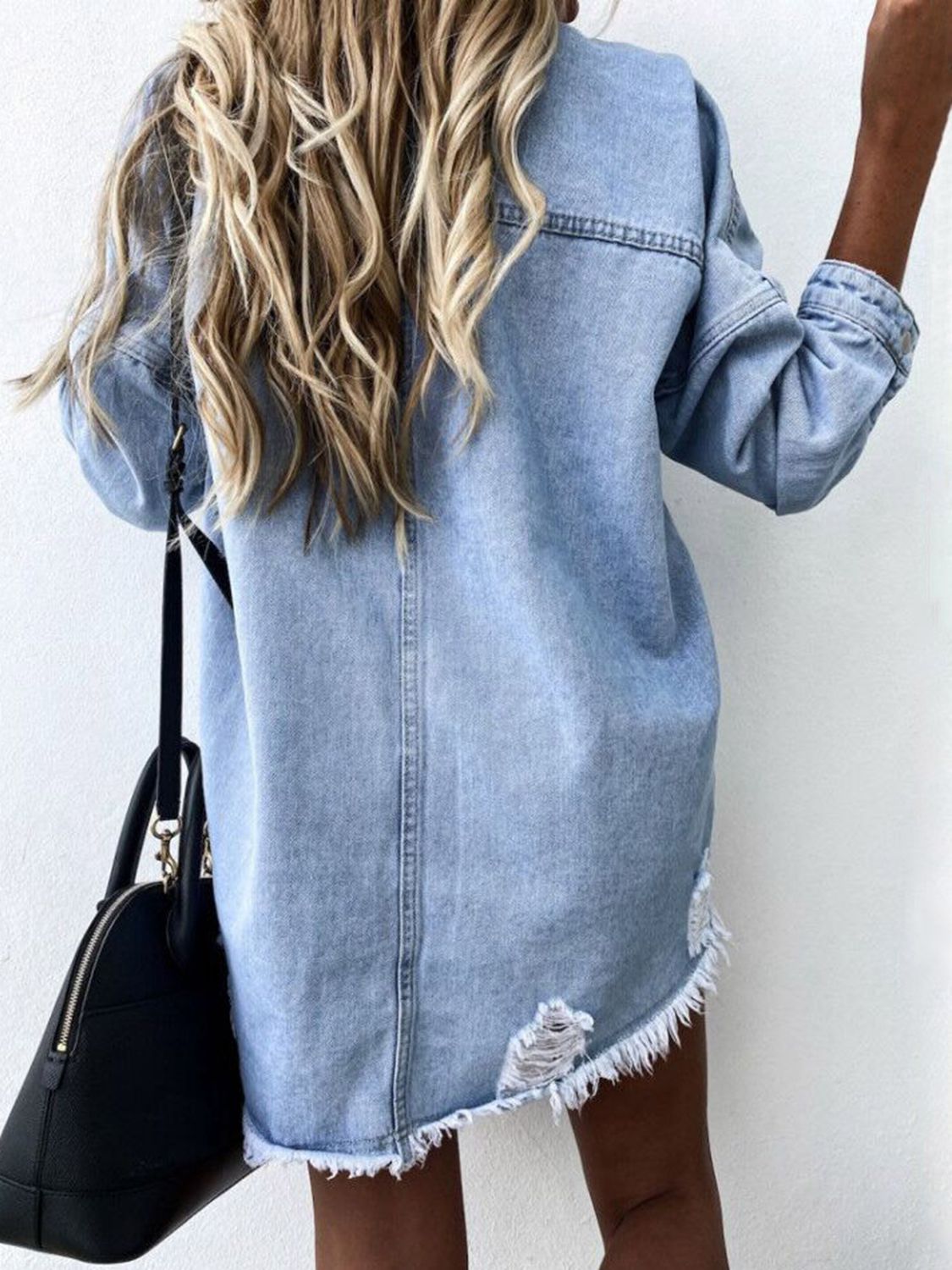 Megan Raw Hem Collared Neck Long Sleeve Denim Jacket