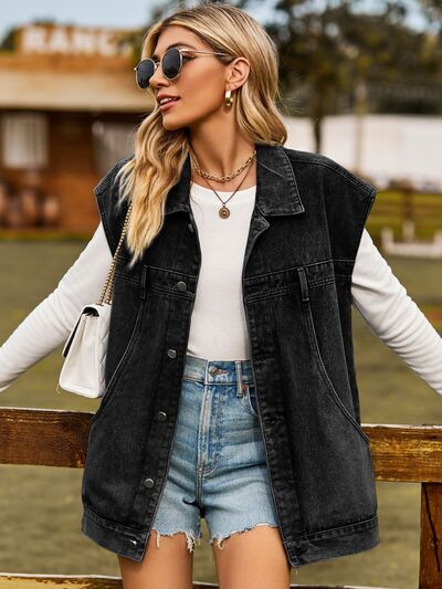 Blaire Button Up Collared Neck Sleeveless Denim Jacket