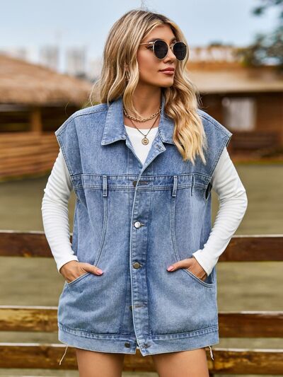 Blaire Button Up Collared Neck Sleeveless Denim Jacket